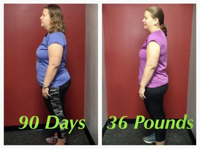 Client side view before and after 90 days, 36 pounds lost